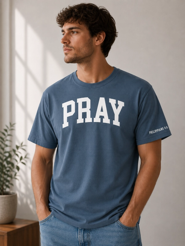 Pray_Philippians4-6_airforce_blue_male Christian T-Shirt with with word Pray on the front - Philippians 4:6